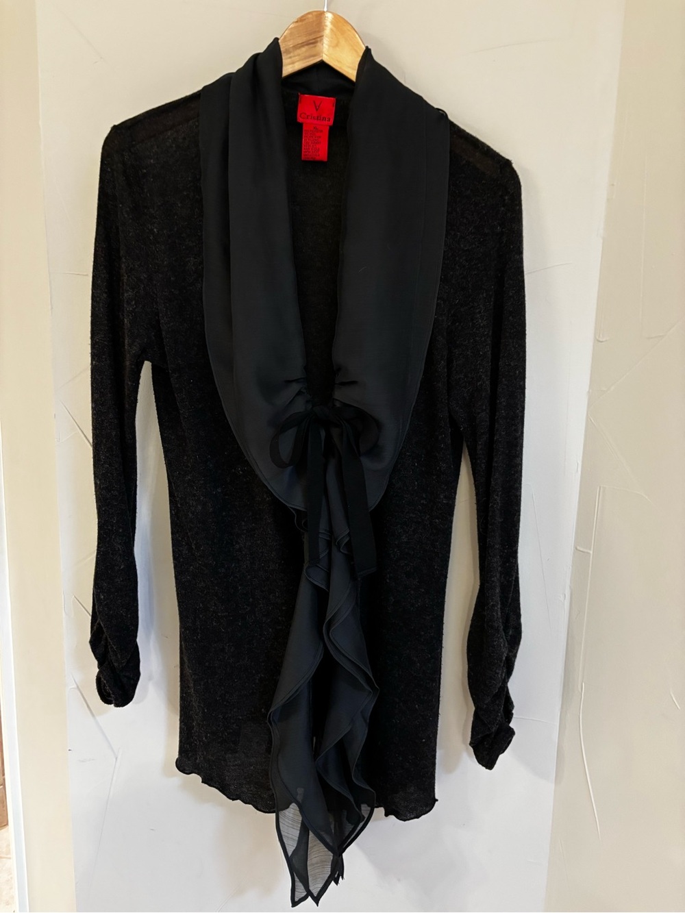 Christina Black Draped Ruffle Tie-Front Cardigan